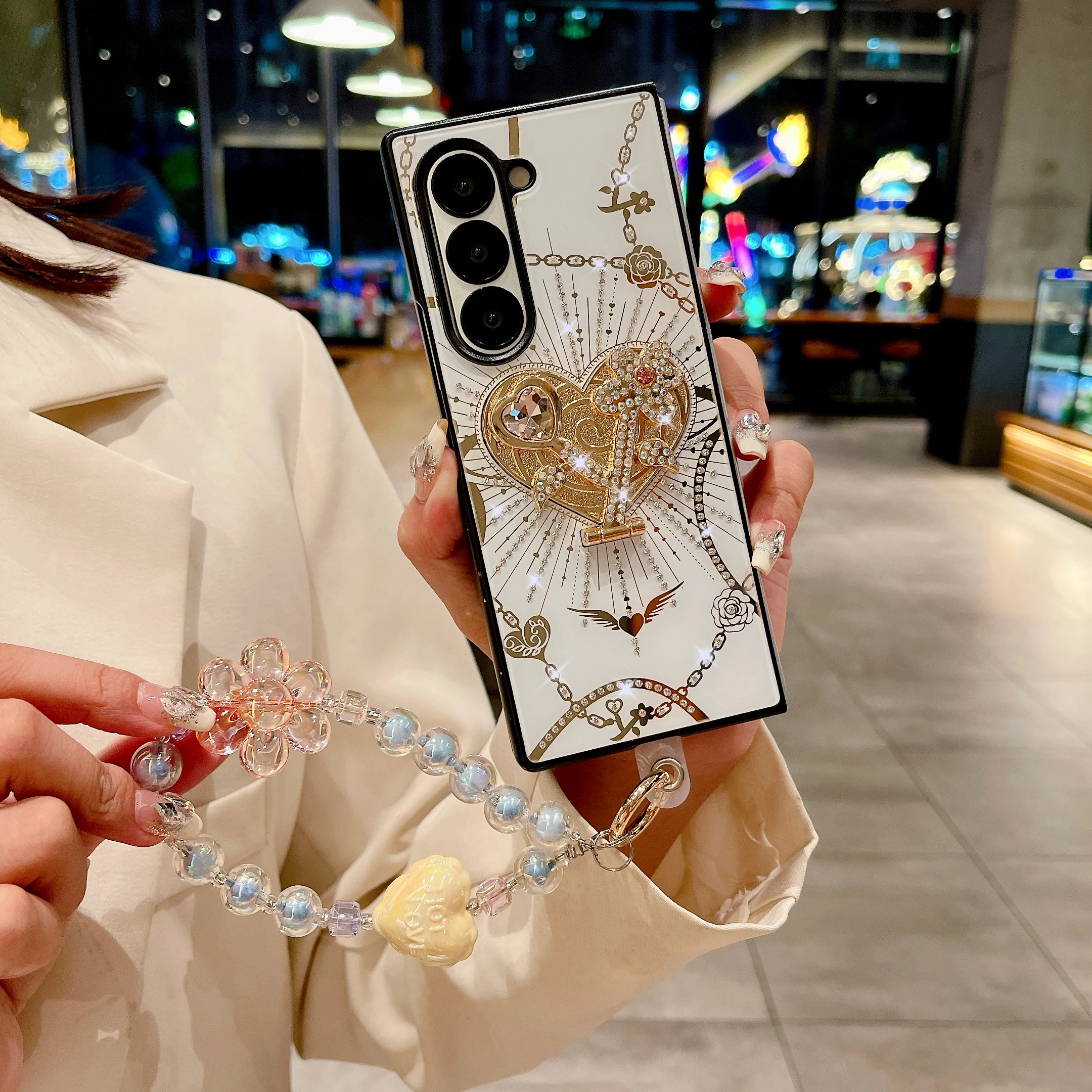For Samsung Galaxy Z Fold 4 5 6 Luxury Shiny Glitter Rhinestone heart Holder Crystal Chain Strap Phone Case Cover image 6