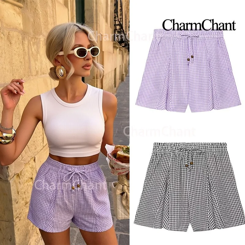 

CHARMCHANT Women's Cotton Gingham Drawstring Elastic Waist Casual Shorts Loose Fit Going Out Beach Vacation Summer 2026