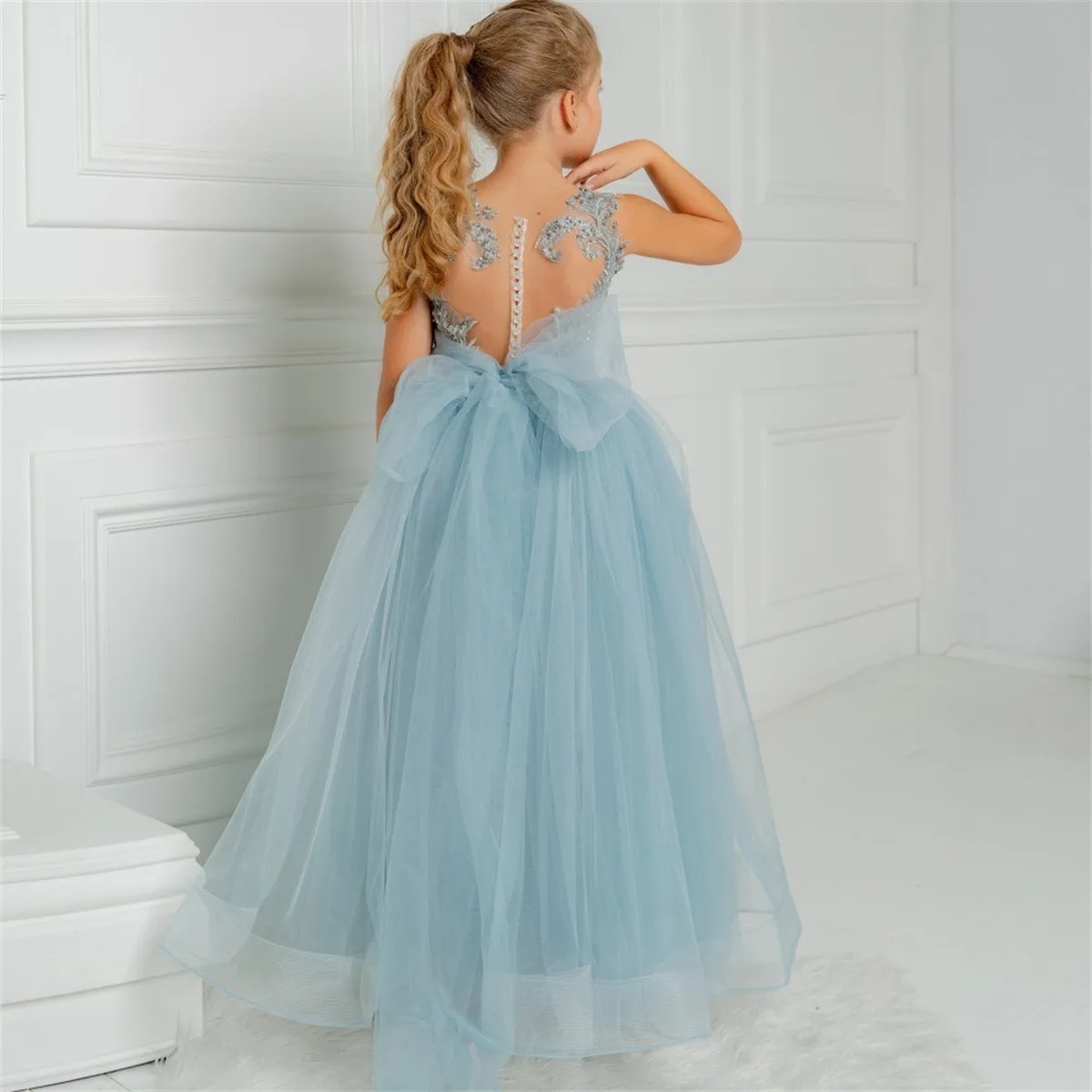 Baby Blue Flower Girl Dresses Princess Sleeveless Lace Applique Tulle Soft First Communion Dresses Girls Birthday Party Pageant