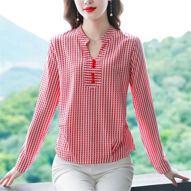 

Women Clothes New Autumn Ruffled Button Striped Print Blouses Korean Fashion Elegant Casual Shirts V Neck Long Sleeve Loose Tops