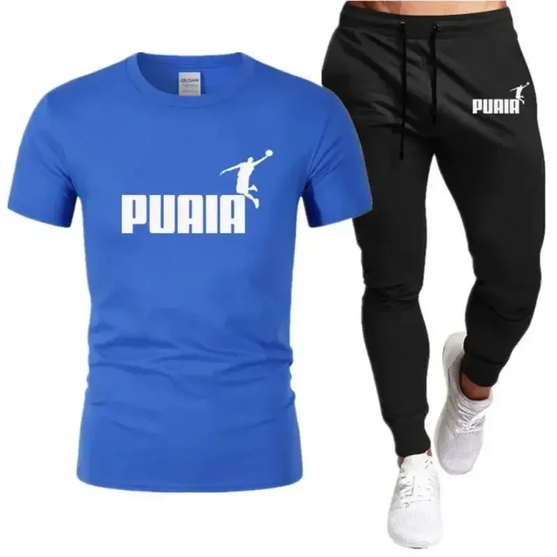 

New summer men's pure cotton short-sleeved T-shirt sportswear set: Jogging men's short-sleeved pullover + pants 2 sets