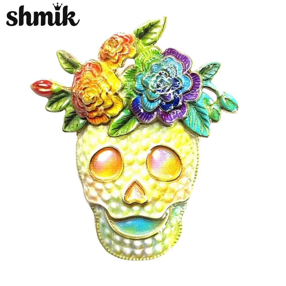 Rhinestone Sugar Skull Flower Brooch Mexican Day of Dead Lapel Pin, Vintage Skeleton Corsage Women Gothic Halloween Jewelry Gift