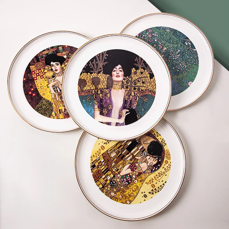 11' Klimt Oil Painting Art Decorative Plate Bone China Wall Hanging Plates Porcelain Dessert Fruit Dishs Ceramic Tray Home Decor