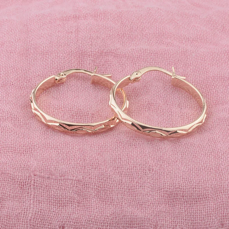 FJ  Women Smart Circle Engraving  585 Rose Gold Color Hoop Earrings