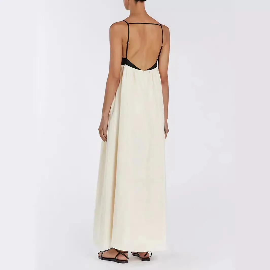 Color Block Spliced Strap Dress women summer spaghetti strap loose sleeveless camis dress sun casual long dress