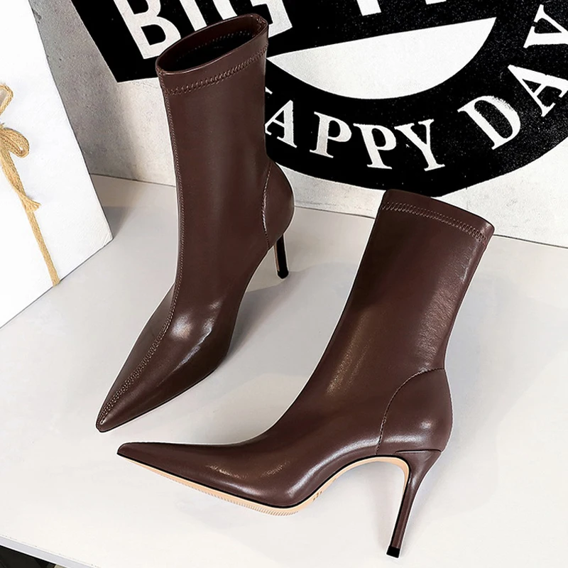 BIGTREE Shoes Pu Leather Boots Women Ankle Boots Sexy High-heel Boots Autumn Winter Shoes Short Boots Plus Size 43 Women Heels