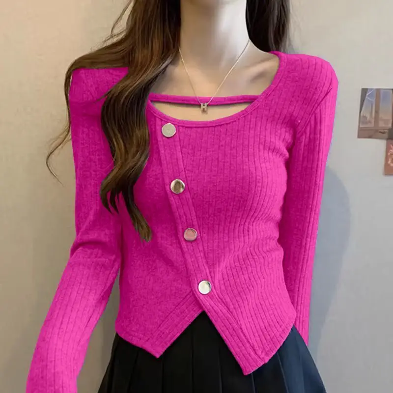 Autumn Winter New Women\'s Fashion Irregular Split Square Collar Long Sleeve Elegant Slim Appear Thin Versatile Sweaters Tops