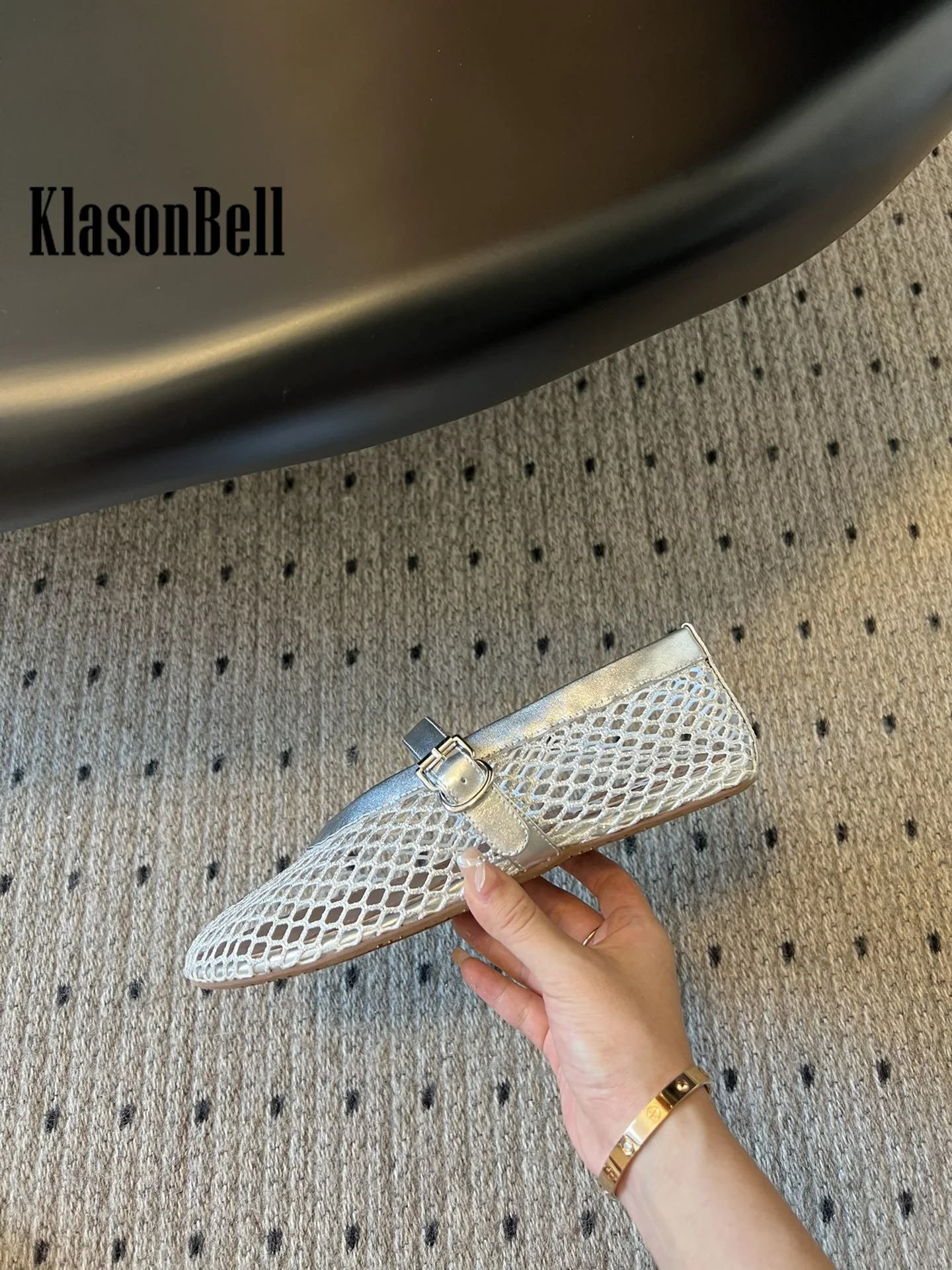 6.25 KlasonBell Women Hollow Out Mesh Breathable Comfortable Flat Shoes  Buckle Strap Genuine Leather Round Toe Sandals