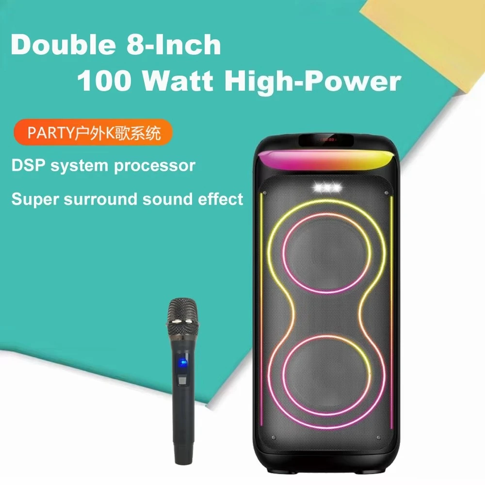 RX-P8Q278 PRO Wholesale Outdoor Portable Wireless LED Speaker Bass100W DJ Karaoke Party Box Blue Tooth Speaker Dual 8-Inch