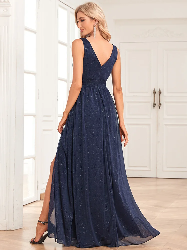 A-Line Evening Gown Elegant Dress Wedding Guest Party Wear Floor Length Sleeveless V Neck Spandex V Back with Glitter Slit 2024