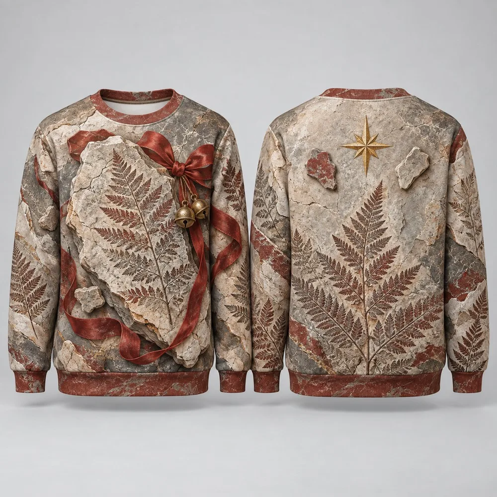 Funny Fossil Museum Ugly Christmas Sweater Featuring Ancient Shells and Rock Layers Study Inspired Sweaters for Winter Parties
