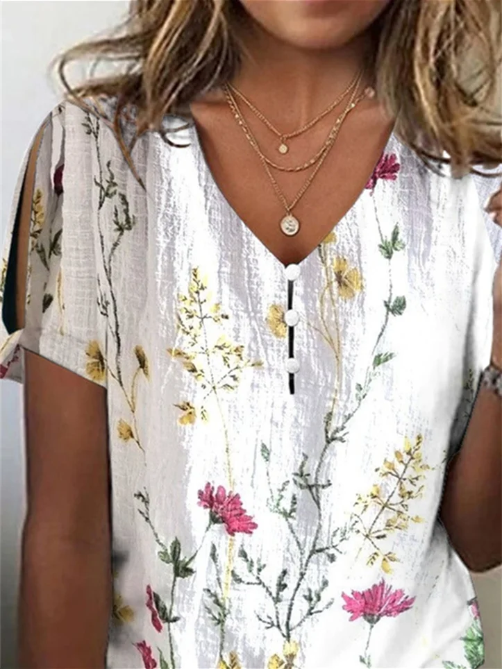 Tops estampados florales de manga corta con cuello en V para mujer, talla grande