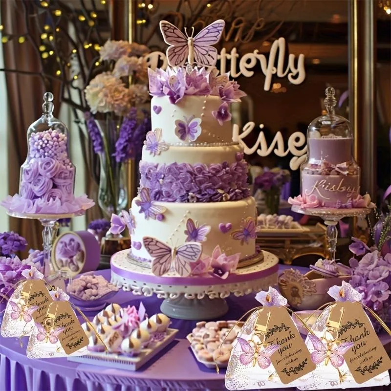 Juego de regalo con llaves de mariposa, 12 Uds., juguetes acrílicos con llaves moradas, tarjetas marrones y 12 Uds. De bolsas con cordón de Organza, bonitos recuerdos de fiesta para chico y niña