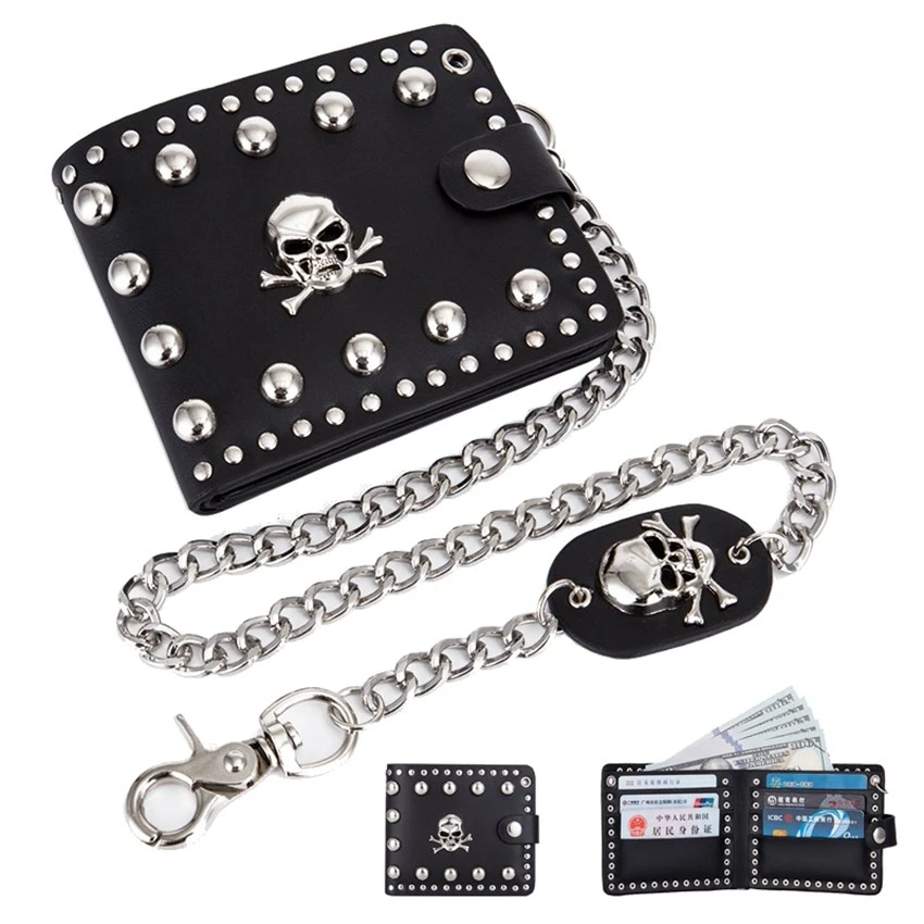 Street Punk Men's Rivet Chain Skull Wallet PU Leather Purse Billfold Money Clip Folding Clutch Wallet Detachable Metal Chain