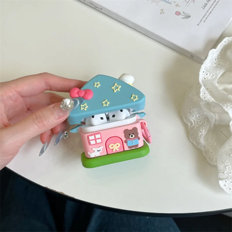 Cartoon bear house earphone protection case is suitable for Apple AirPods 4/2/3 Pro 2 Bluetooth wireless earphone shells.