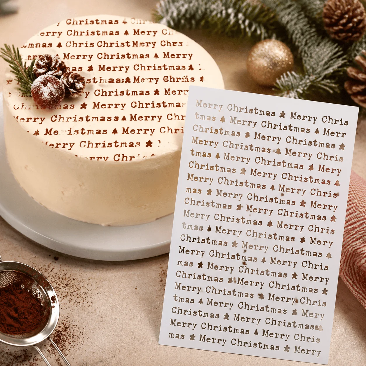Christmas Cake Stencil Merry Christmas Repeat Letters PET Reusable Powder Dusting Template for Xmas Baking Home Decor
