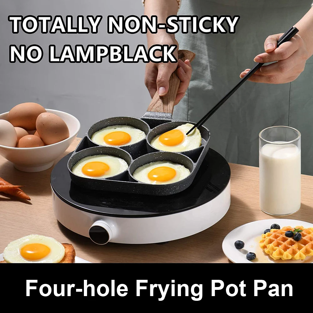 4-Hole Frying Pot Thickened Omelet Pan Black Non-stick Egg Ham Pancake Steak Wooden Handle Kitchen Cooking Breakfast Make