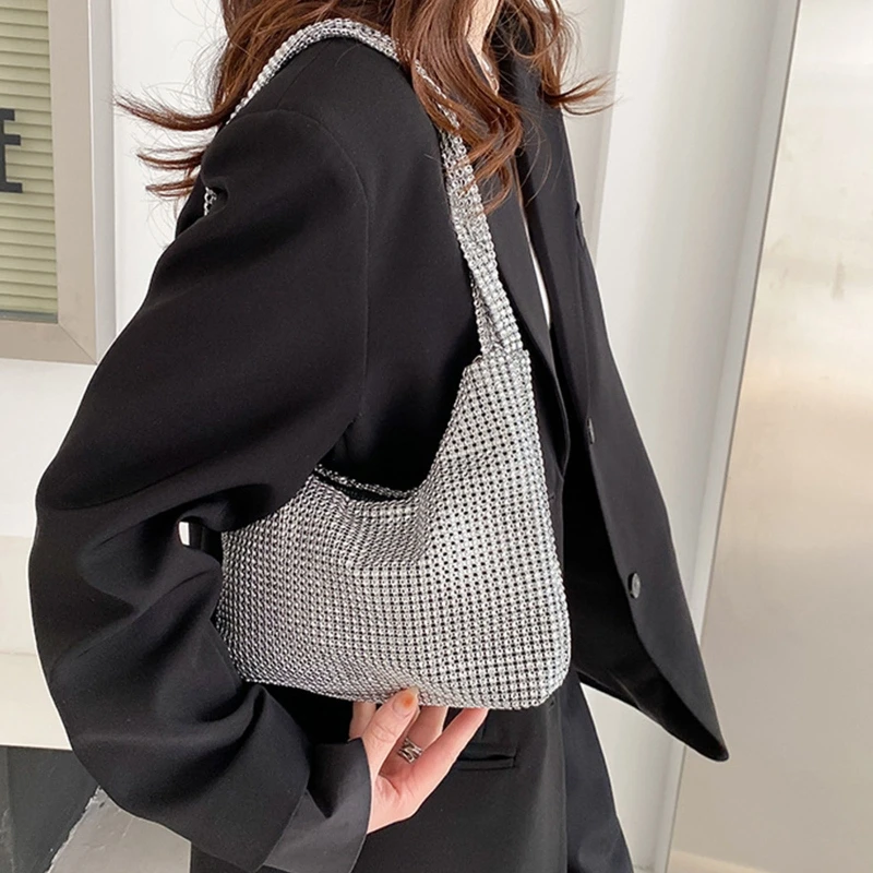 Delicate Shoulder Bag for Rhinestone Bag Clutch Purses Handbag Evening Bag Silver Shiny Underarm Bag for Valentine\'s Day