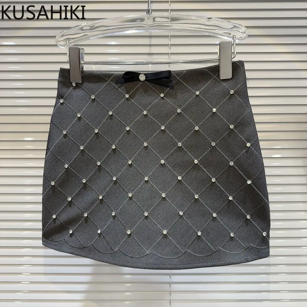 KUSAHIKI 2024 Korean New Style Bow Nail Bead Women's Short Skirt Sexy Hip Wrapped A-line Skirts Faldas De Mujer