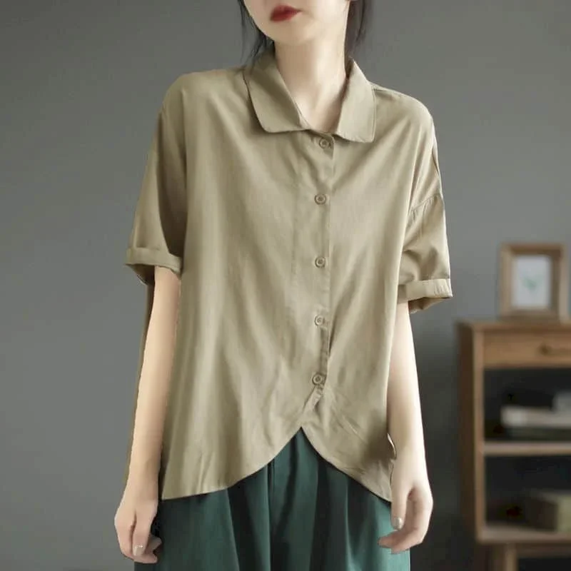 

Cotton Linen Shirts for Women Vintage Half Sleeve Loose Casual Korean Style Single Breasted Polo-neck Blouse Women Office Tops