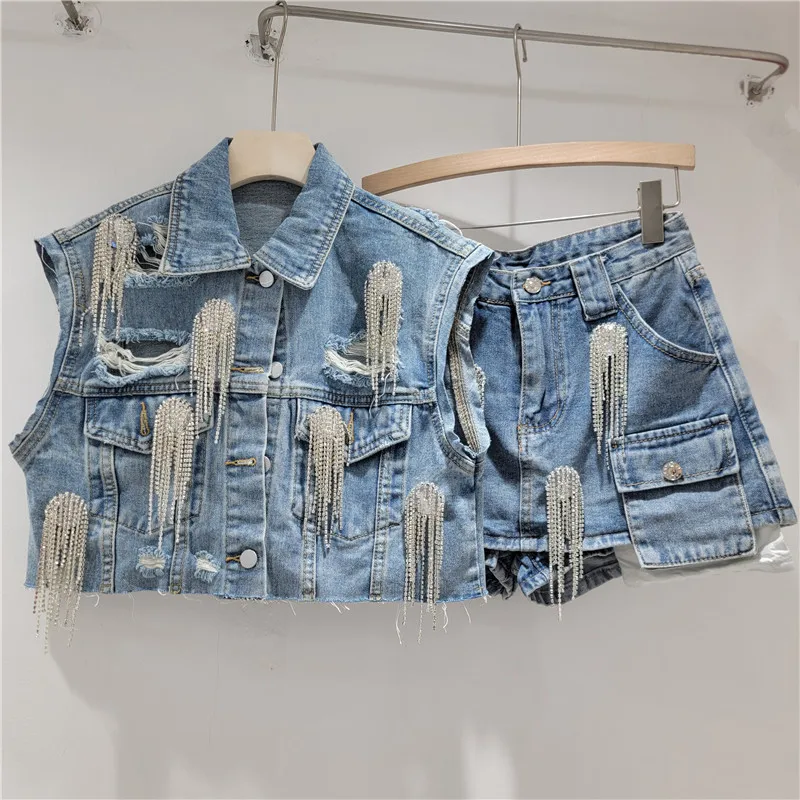 

Denim Sets Women Heavy Industry Rhinestone Denim Vest Jacket A-shaped Skirt Women's 2025 Summer New Loose Fashion Outfits