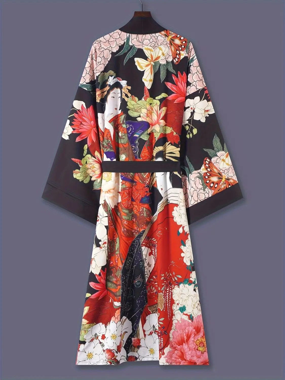 Japanese Print Mid-Length Three-Quarter Sleeve Kimono Cardigan Thin Coat Women's Euro-American Elegant Ethnic Style Street Casua
