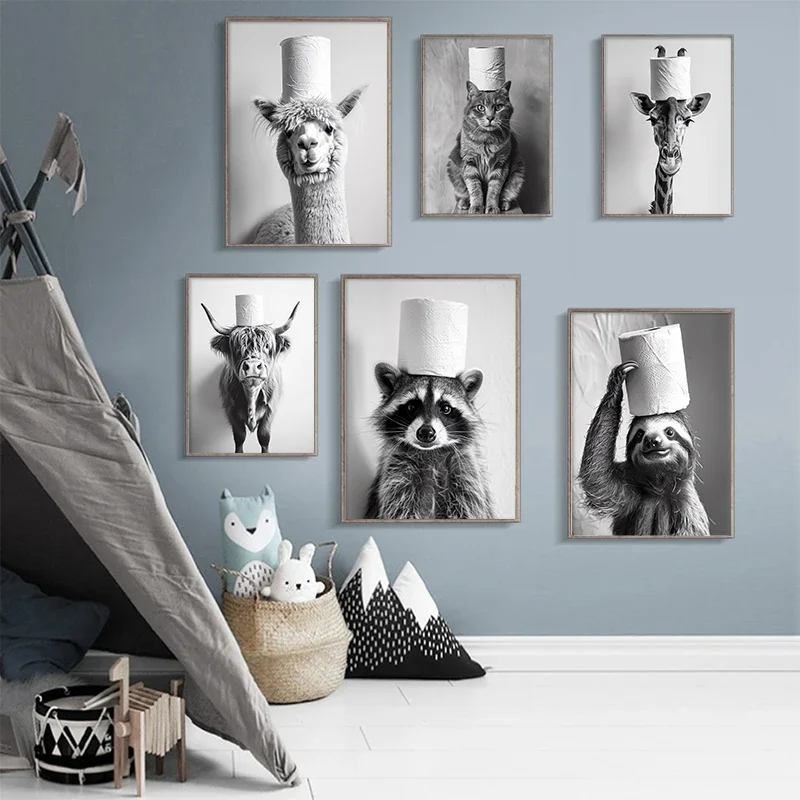 Funny Animal Bathroom Mural Head Over Toilet Paper Roll Highland Cow Raccoon Modern Art Canvas Painting Toilet Decor Poster