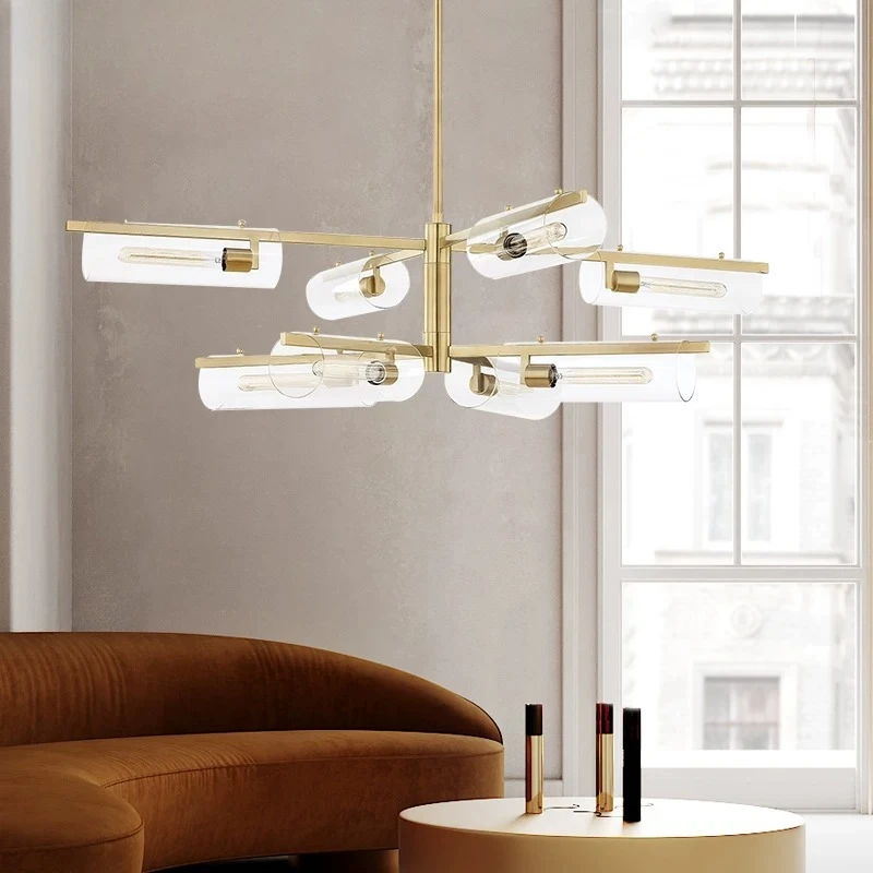 Luxury Gold Sputnik Chandelier Modern 6 Light Clear Glass Tube Pendant Light Rotatable Arms Ceiling Fixture for Dining Room