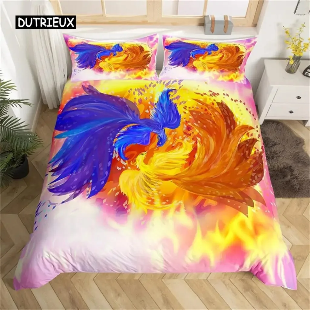 Gorgeous Colorful Phoenix Duvet Cover Set Cartoon Birds Bedding Set Full Microfiber Flame Wings Comforter Cover Bedroom Decor