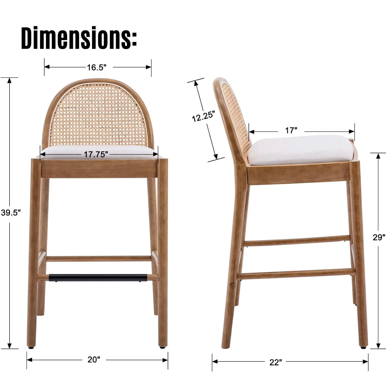 Modern Bar Stools Set Of 2, 29 Inch Rattan Back Linen Kitchen Island Chair Wood Legs Home Bar Coffee Shop Beige, Customized