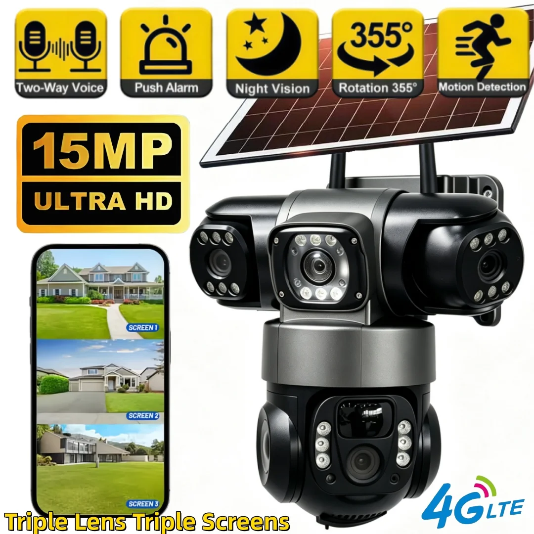Caméra solaire V380 Pro 4G SIM 15MP 8K avec 3 objectifs, CCTV extérieur, étanche, vision nocturne, interphone bidirectionnel, caméra mobile V380 PRO, caméra IP, plusieurs méthodes d'installation. Cette caméra WiFi pren