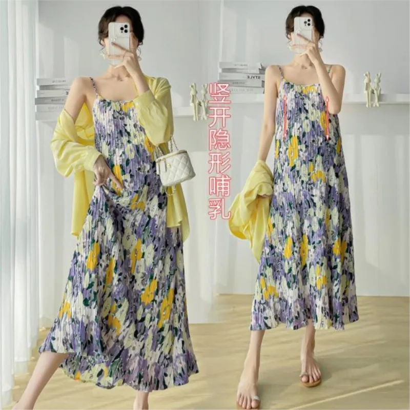 2023 Summer New Pregnant Women's Sleeveless Pleated Skirt Flower Pattern Breastfeeding Dress Maternity Printed Long Dress LE953