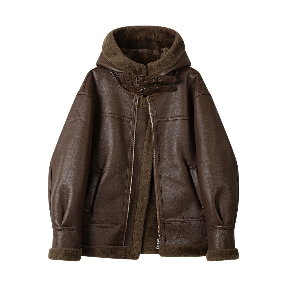 CIVICERA American Retro Biker Jaet Women's Autumn Winter Faion Fce Lined Thiened Hooded Leather Coat