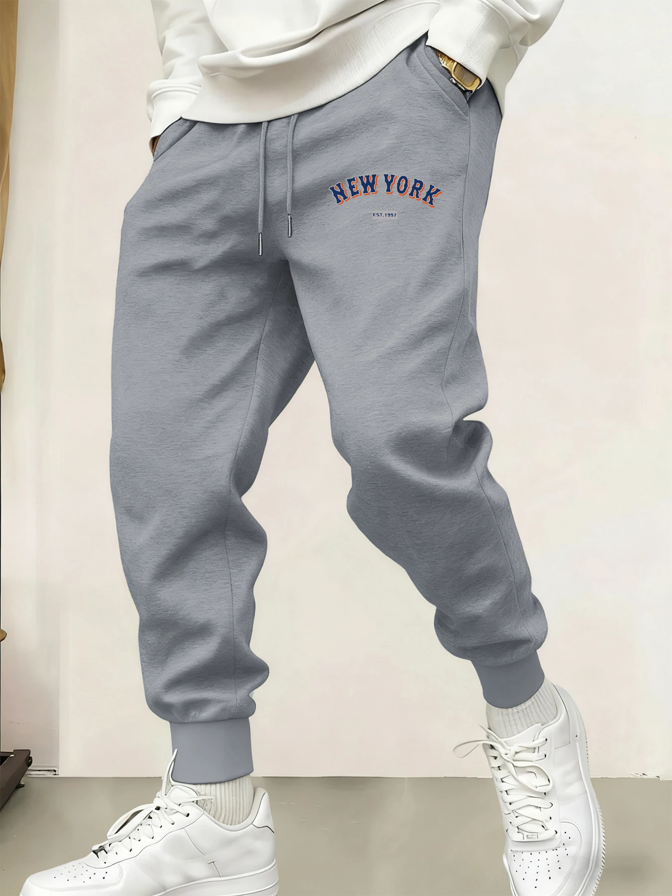 

New York Letter Creative Prints Versatile Men Long Pants Fashion Street Trousers With Drawstring Pockets Comfy Sweatpants Male