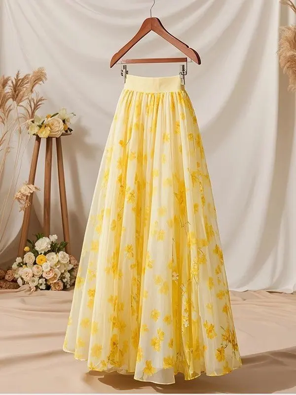 High Waist Yellow Floral Skirt Women's Modern Style A-Line  Skirt Polyester Fabric Urban Fashion Spring Season