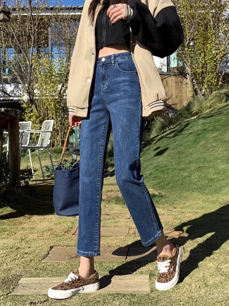 Plones vaqueros rectos ajustados de cintura alta para mujer primavera 2024 nuevo estilo tamaño pequeño pan francés pl...