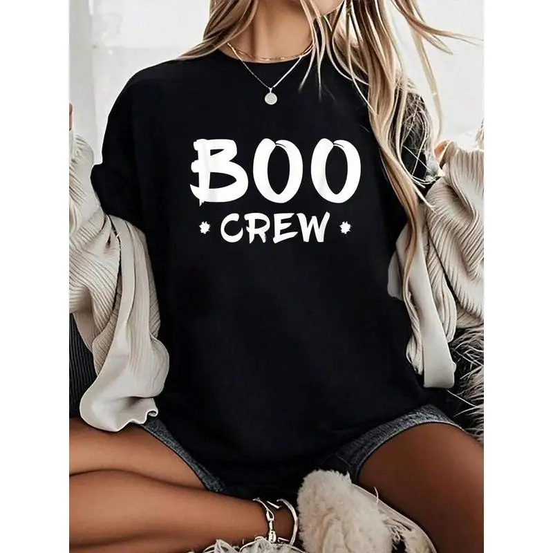 

Halloween Sweatshirt Women Boo Crew Graphic Jumper Cute Ghost Slogan Pullover Casual Long Sleeve Top Autumn