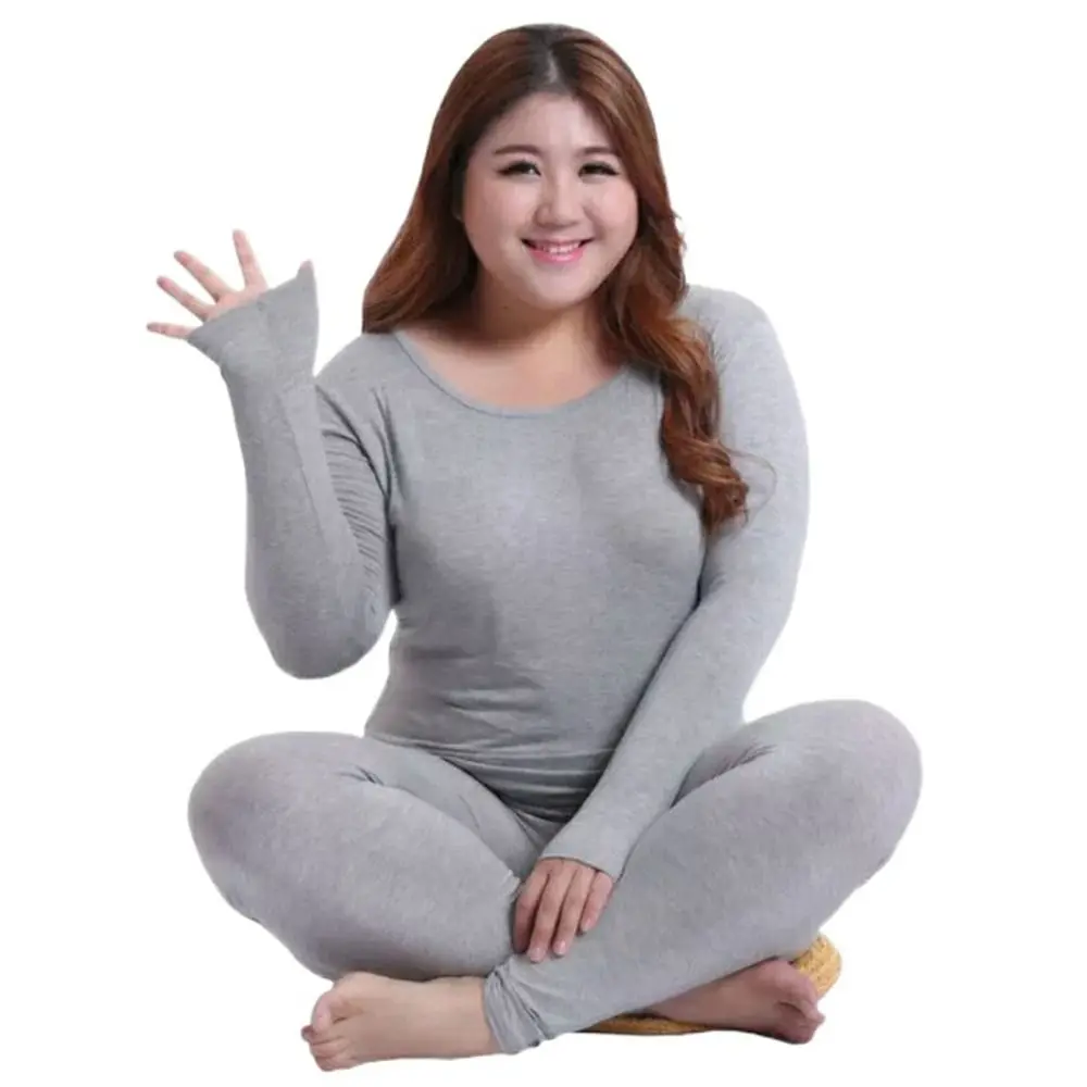 

Solid Color Long Pants T Shirt Thermal Plus Size Women Underwear Top Pants Set Thermal Underwear Long Johns Set