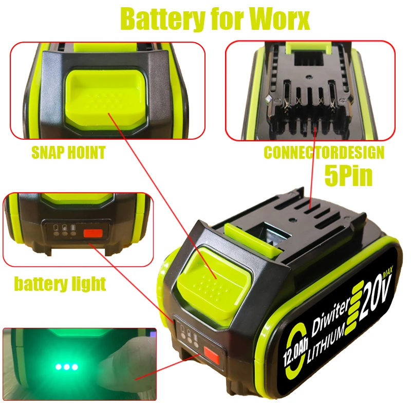 6000mAh Rechargeable Battery for WORX 20V Tools, Large Foot Model Compatible with Sanding, Trimming, Cutting Equipment, 100% New