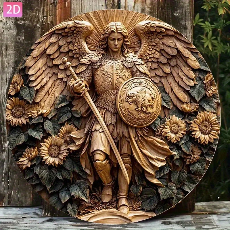 HD Tin Sign, St. Michael Archangel Sunflower Round Metal Wall Art, Christian Religious Decor