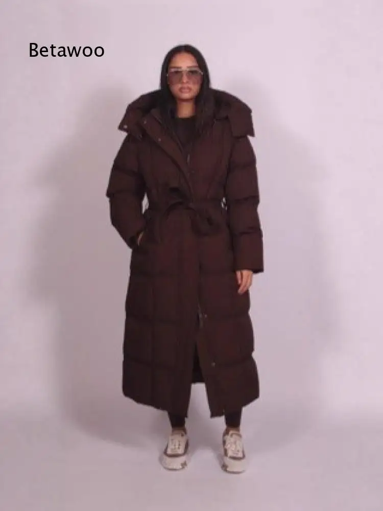 Women Long Hooded Padded Coat Solid Color Long Sleeve Belted Full Zip Outerwear For Cold Winter Daily And Outdoor Activities