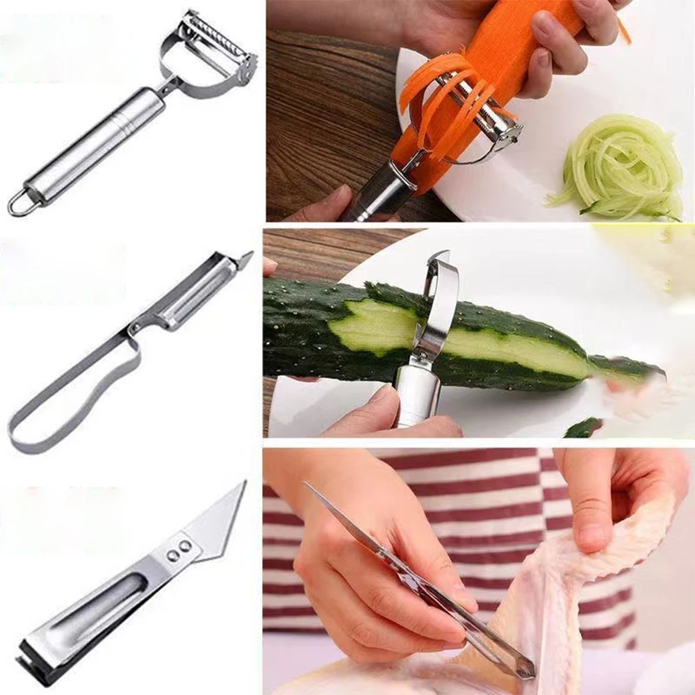 3Pcs/Set Multi-Function Stainless Steel Potato Cucumber Carrot Grater  Vegetables Fruit Peeler Two-In-One Slicer