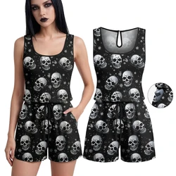 XXS-3XL Gothic Bodysuit Skull Painting Splatter Print Drawstring Pocket Romper Women Round Collar Sleeveless Jumpsuit Costume