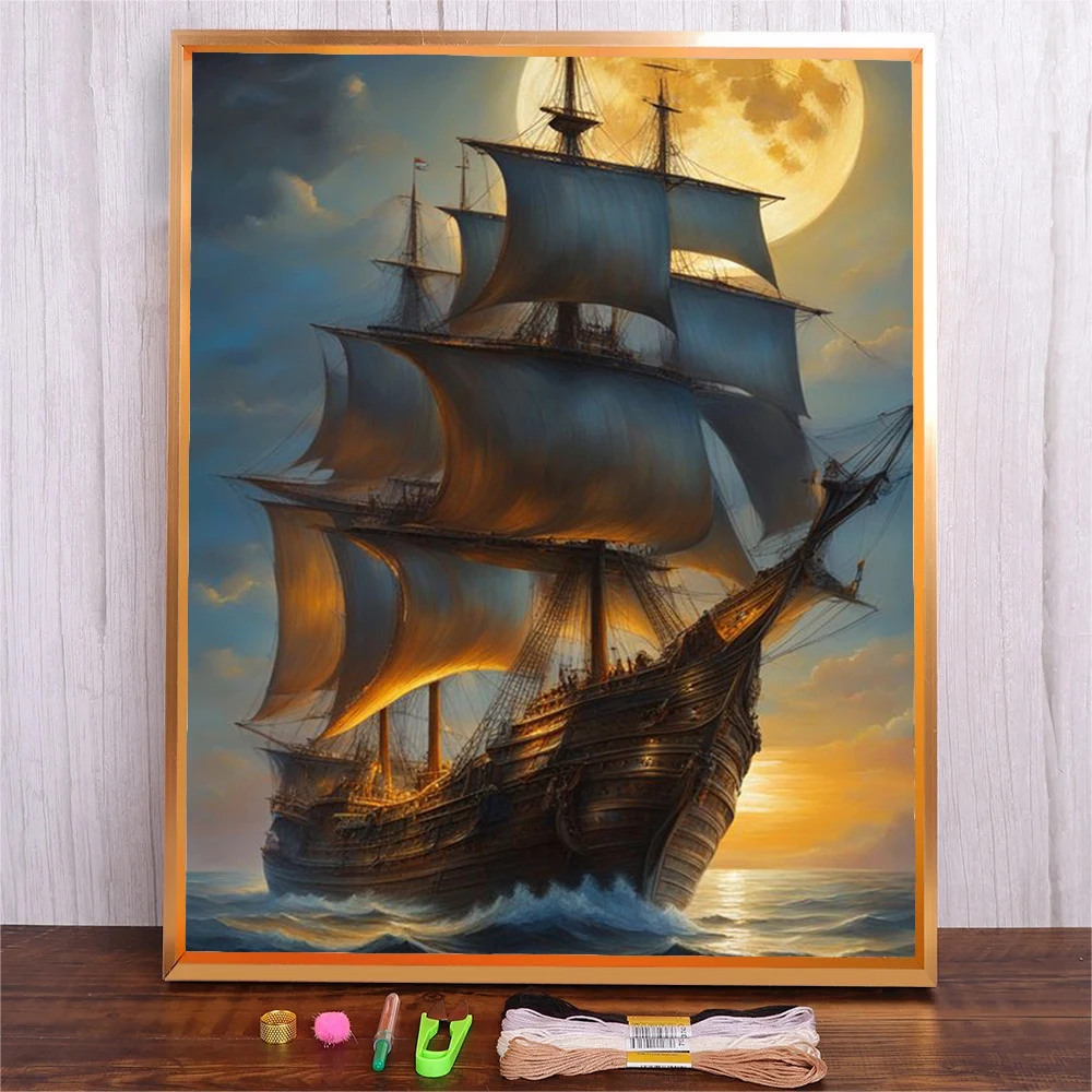 11ct lua seascape ponto cruz impressão completa kit de lona veleiro paisagem bordado fio eco-algodão decoração para casa bordado