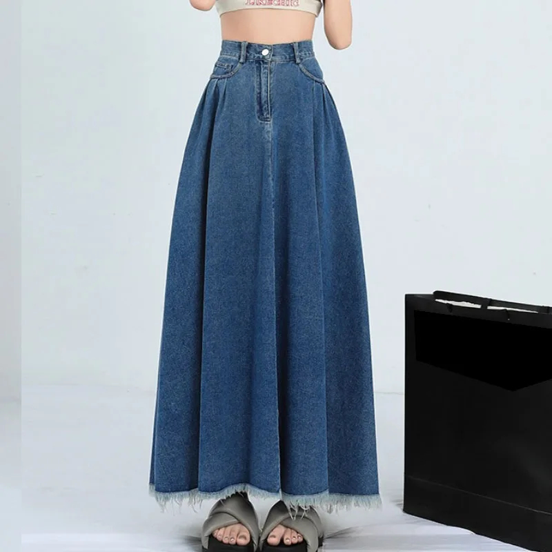 Fashion Tassel Hem Denim Long Skirts Womens Summer Vintage A- Line Maxi Jeans Skirt High Waist Women Long Skirt Korean - view 4