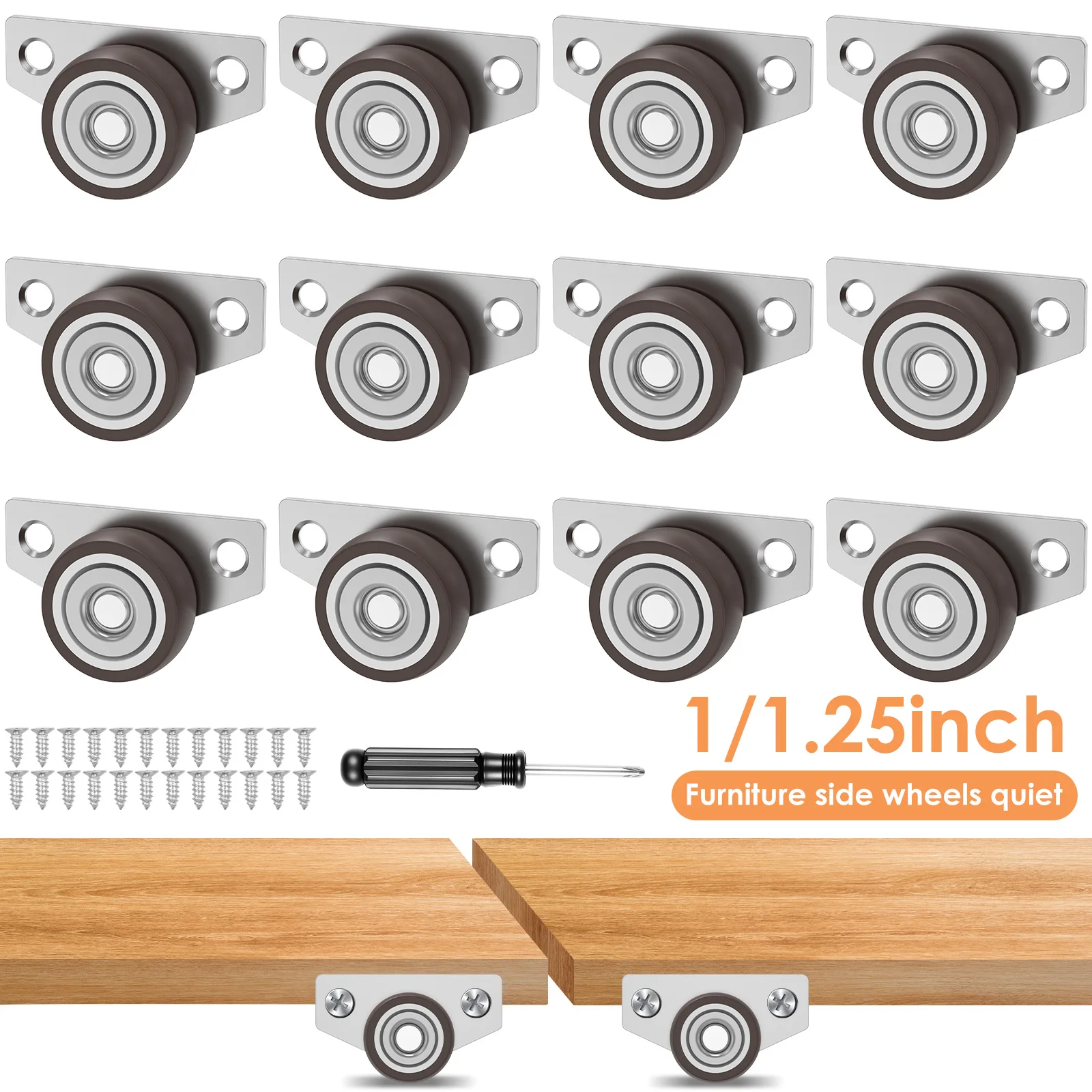 12Pcs 1/1.25inch Rubber Side Mount Caster Wheel Reduce Noise Swivel Rolling Wheel with Steel Top Plate Protect Floor for Cabinet