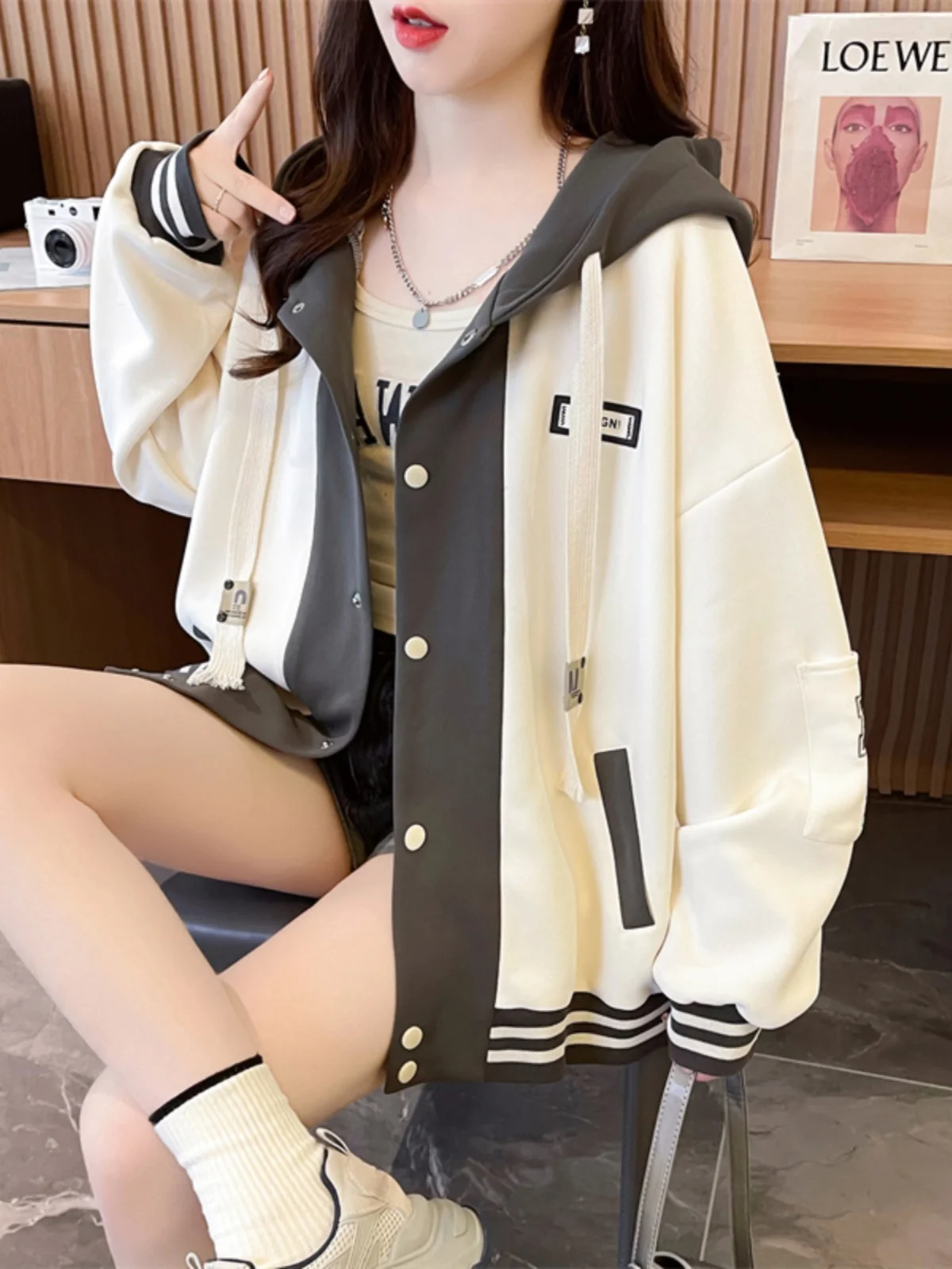 

Baseball Jackets Y2K Womens Summer Windproof Personalized Round-Neck Quilted Ulzzang Motorcycle Windbreakers Pure Sleeves Ladies