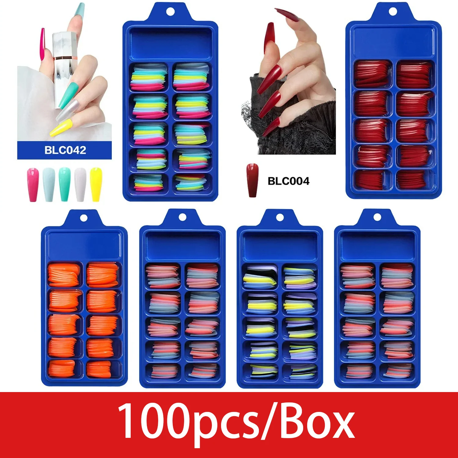 

Soild Colors Combined 100 Pieces Of Ballerina Coffin False Nail Tips 10 Sizes Long Full Cover Fake Nail Tips with Colors