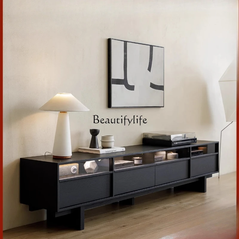 

**Nordic retro black TV cabinet medium antique oak solid wood audio-visual cabinet with light