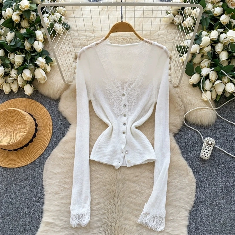 Damen-Strickoberteil mit V-Ausschnitt, Spitze, Patchwork, elastischem Stoff, elegante Oberbekleidung für Bürodamen, Herbst und Winter, gemütliches Strickoberteil SW3563 – Detail 8